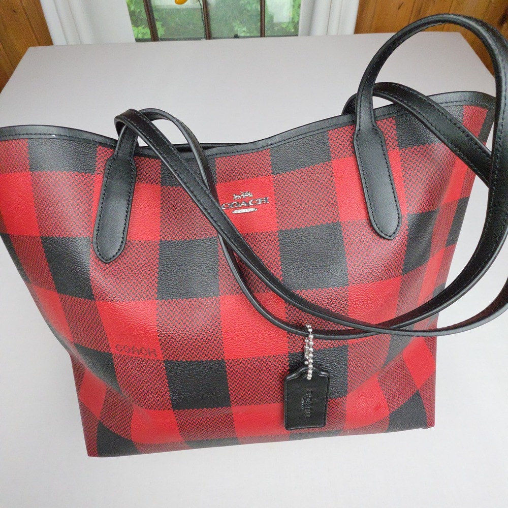 Coach City Tote Buffalo Plaid Red Black Shoulder Bag Women Large Checkered